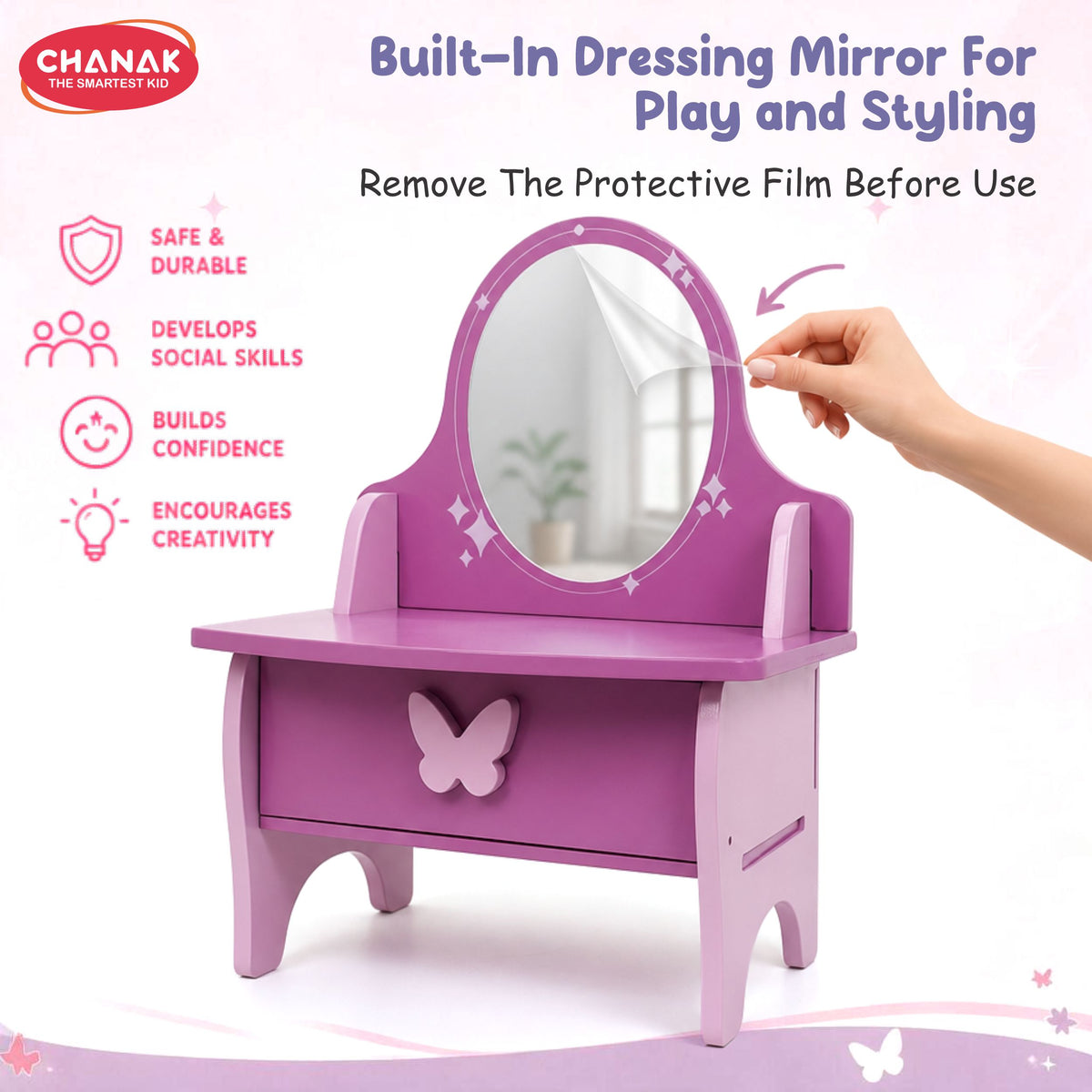 Chanak Wooden Vanity Dressing Table for Girls 3+ Years | 15+ Accessories Makeup Kit with Mirror & Storage – BIS Approved