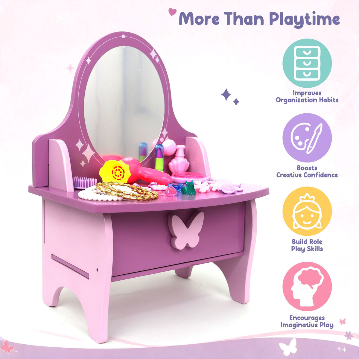 Chanak Wooden Glamore Vanity Dressing Table for Girls 3+ Years | 15+ Accessories Makeup Kit with Mirror & Storage