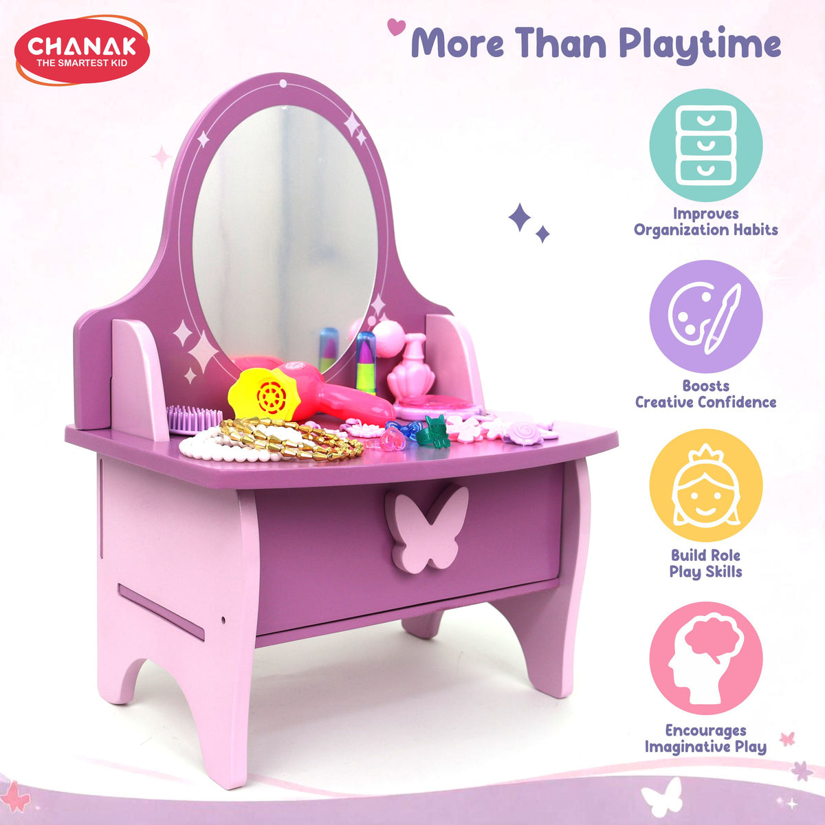 Chanak Wooden Vanity Dressing Table for Girls 3+ Years | 15+ Accessories Makeup Kit with Mirror & Storage – BIS Approved