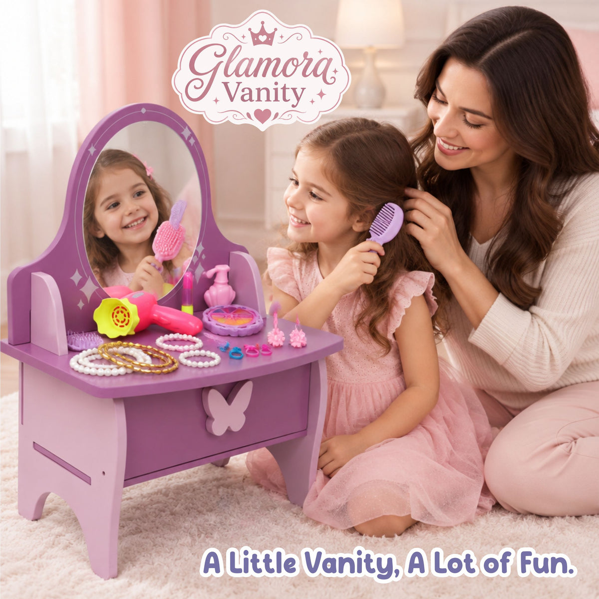 Chanak Wooden Glamore Vanity Dressing Table for Girls 3+ Years | 15+ Accessories Makeup Kit with Mirror & Storage