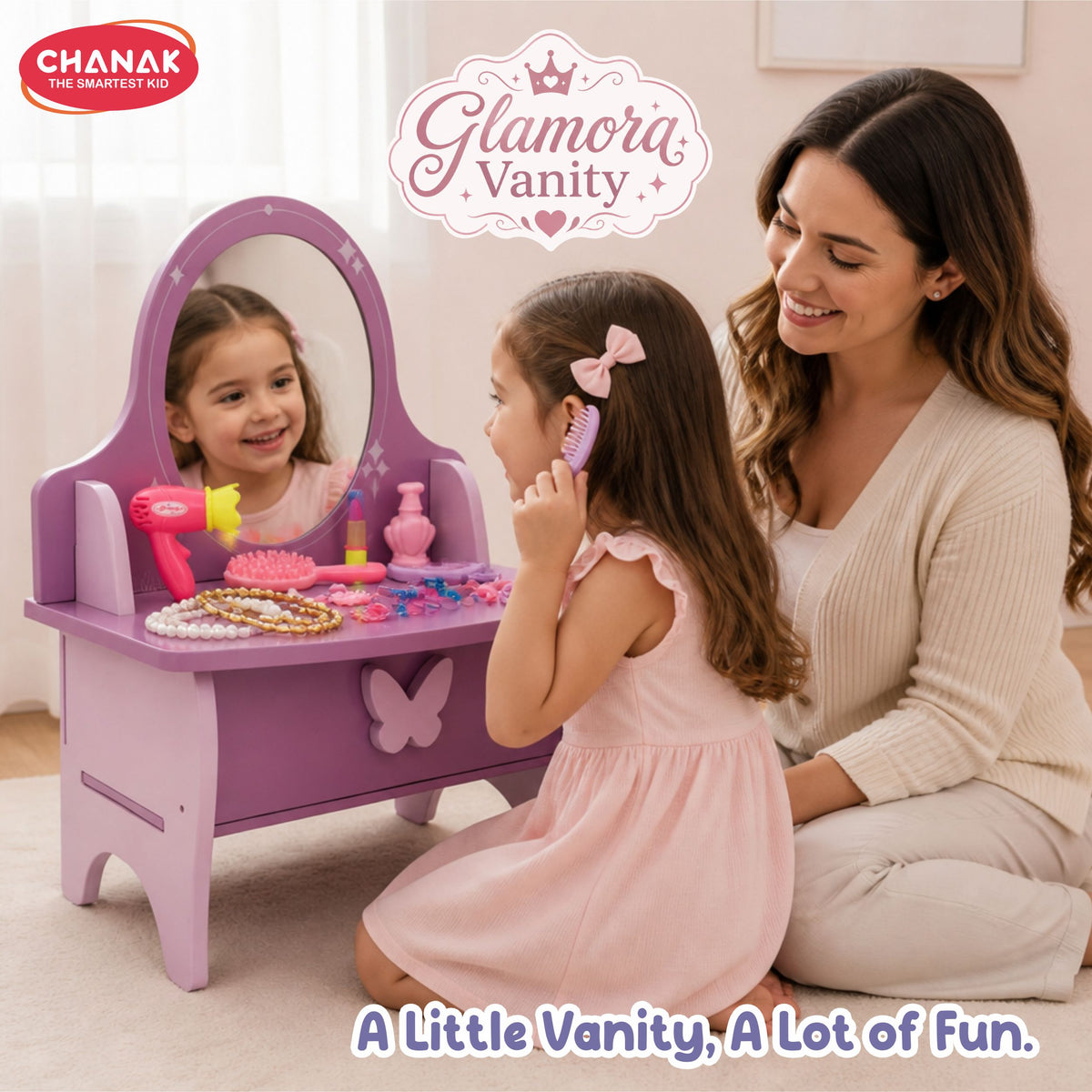 Chanak Wooden Vanity Dressing Table for Girls 3+ Years | 15+ Accessories Makeup Kit with Mirror & Storage – BIS Approved