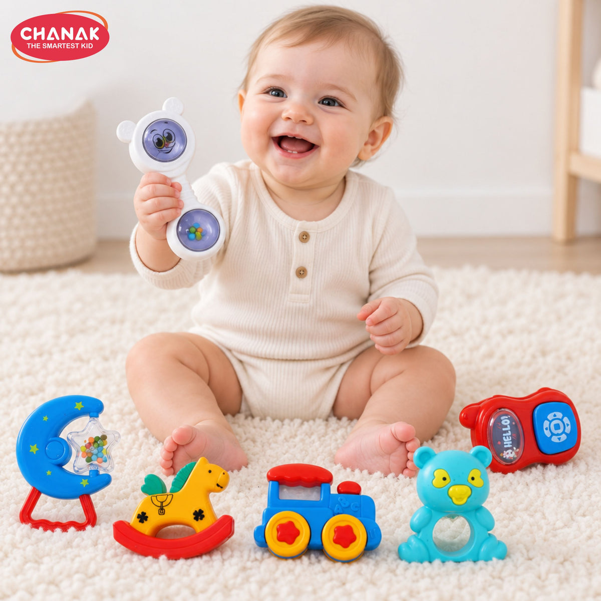 Chanak Baby Rattle Set for 3-12 Months | 6 Pcs Non-Toxic BPA Free Sensory Toy – BIS Approved