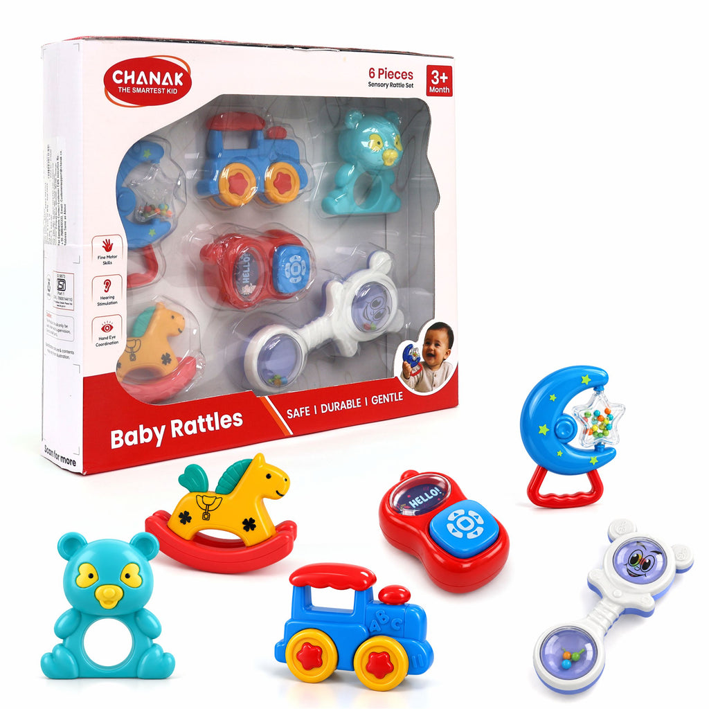Chanak Baby Rattle Set for 3-12 Months | 6 Pcs Non-Toxic BPA Free Sensory Toy – BIS Approved