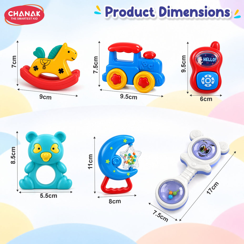 Chanak Baby Rattle Set for 3-12 Months | 6 Pcs Non-Toxic BPA Free Sensory Toy – BIS Approved