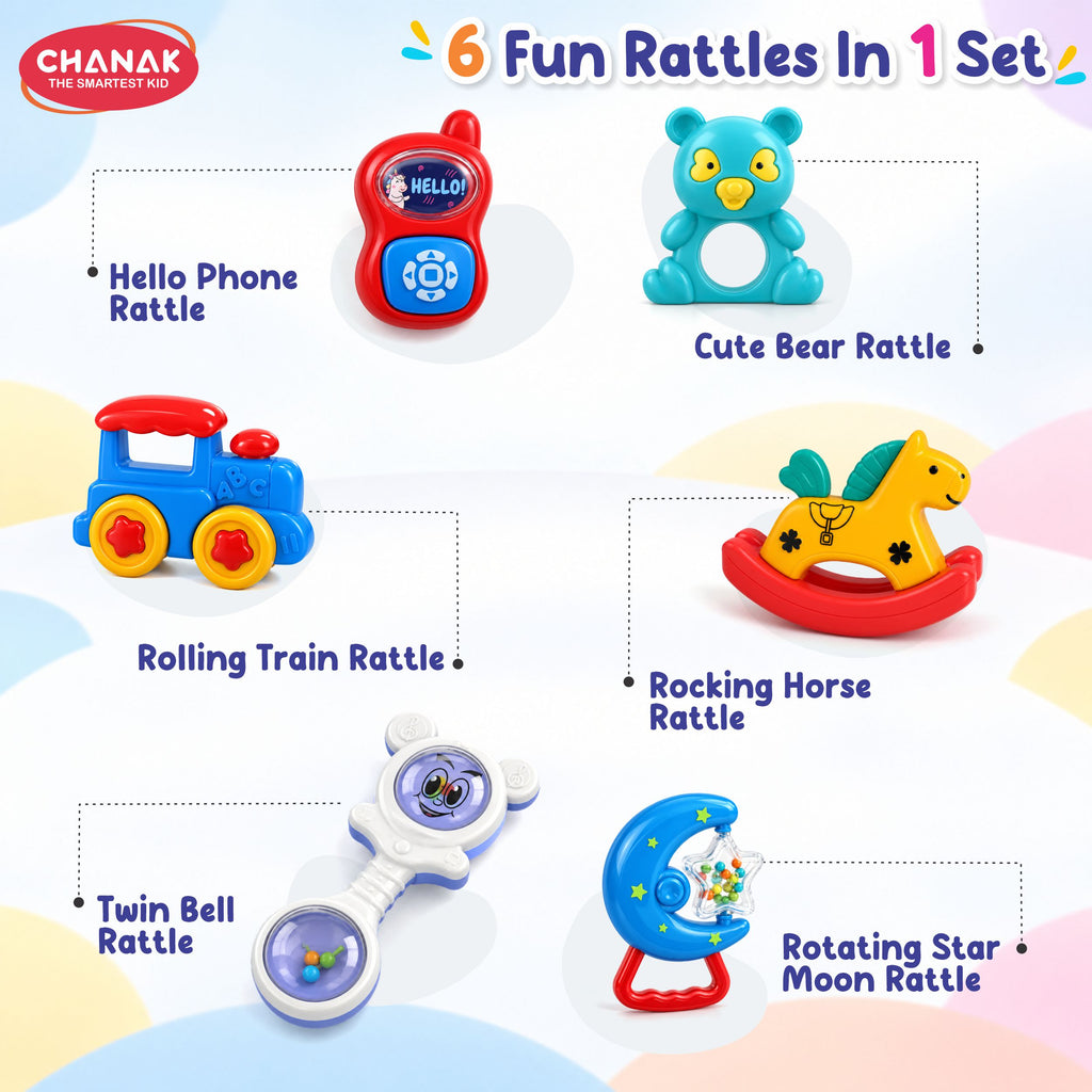 Chanak Baby Rattle Set for 3-12 Months | 6 Pcs Non-Toxic BPA Free Sensory Toy – BIS Approved