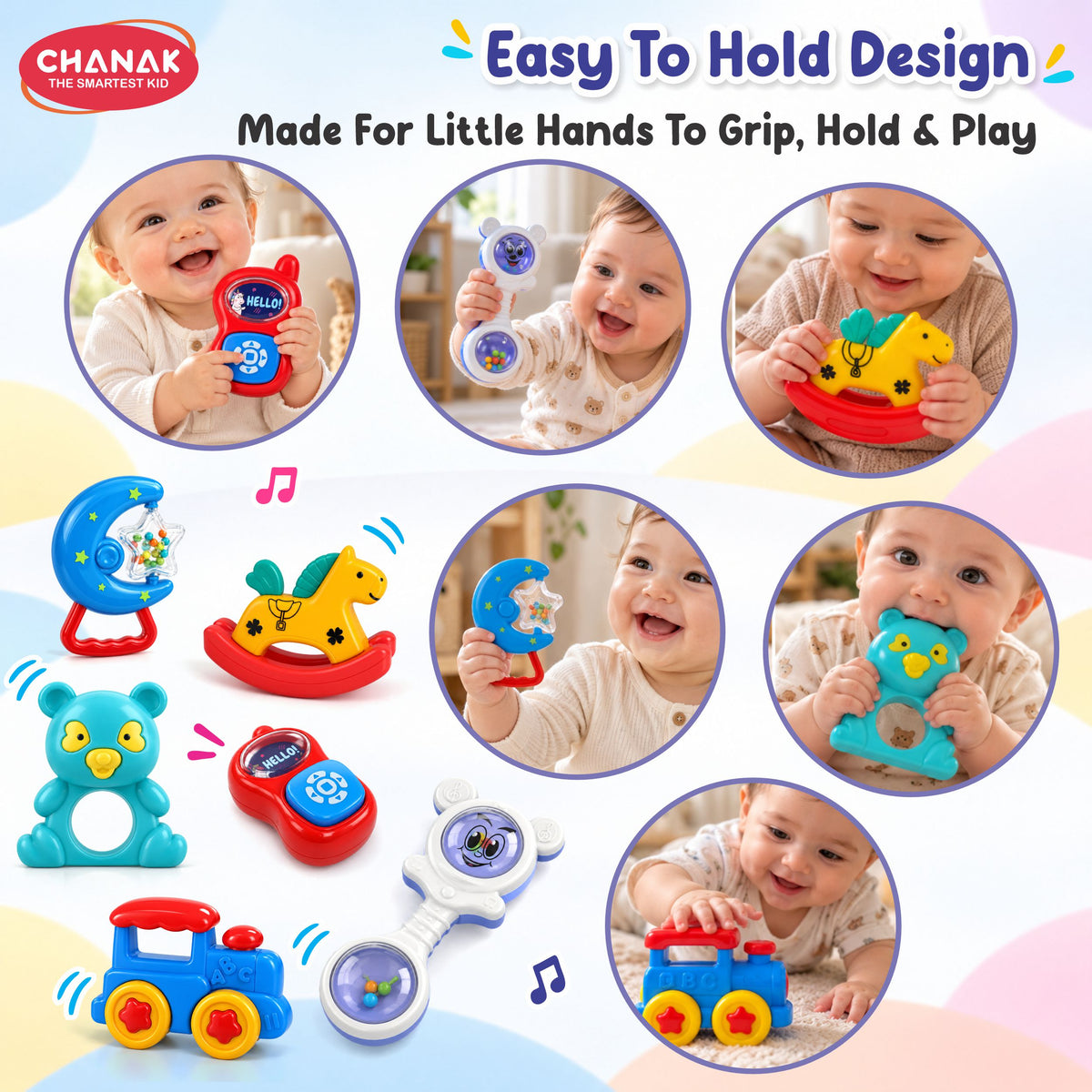 Chanak Baby Rattle Set for 3-12 Months | 6 Pcs Non-Toxic BPA Free Sensory Toy – BIS Approved