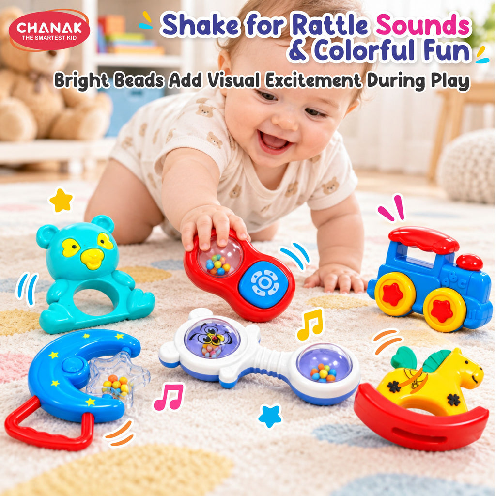 Chanak Baby Rattle Set for 3-12 Months | 6 Pcs Non-Toxic BPA Free Sensory Toy – BIS Approved