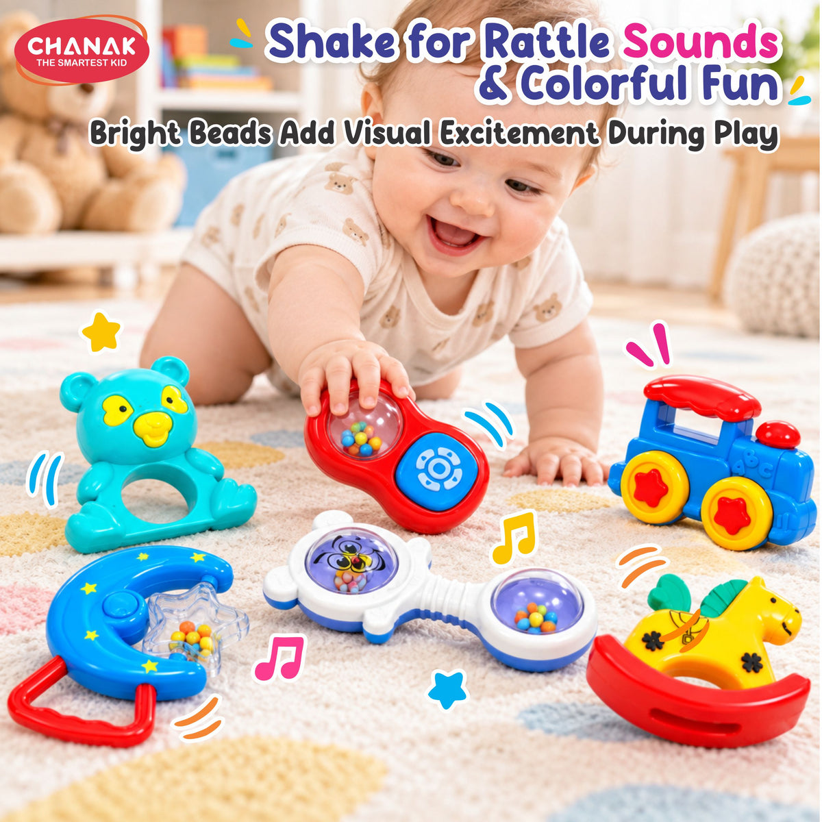 Chanak Baby Rattle Set for 3-12 Months | 6 Pcs Non-Toxic BPA Free Sensory Toy – BIS Approved