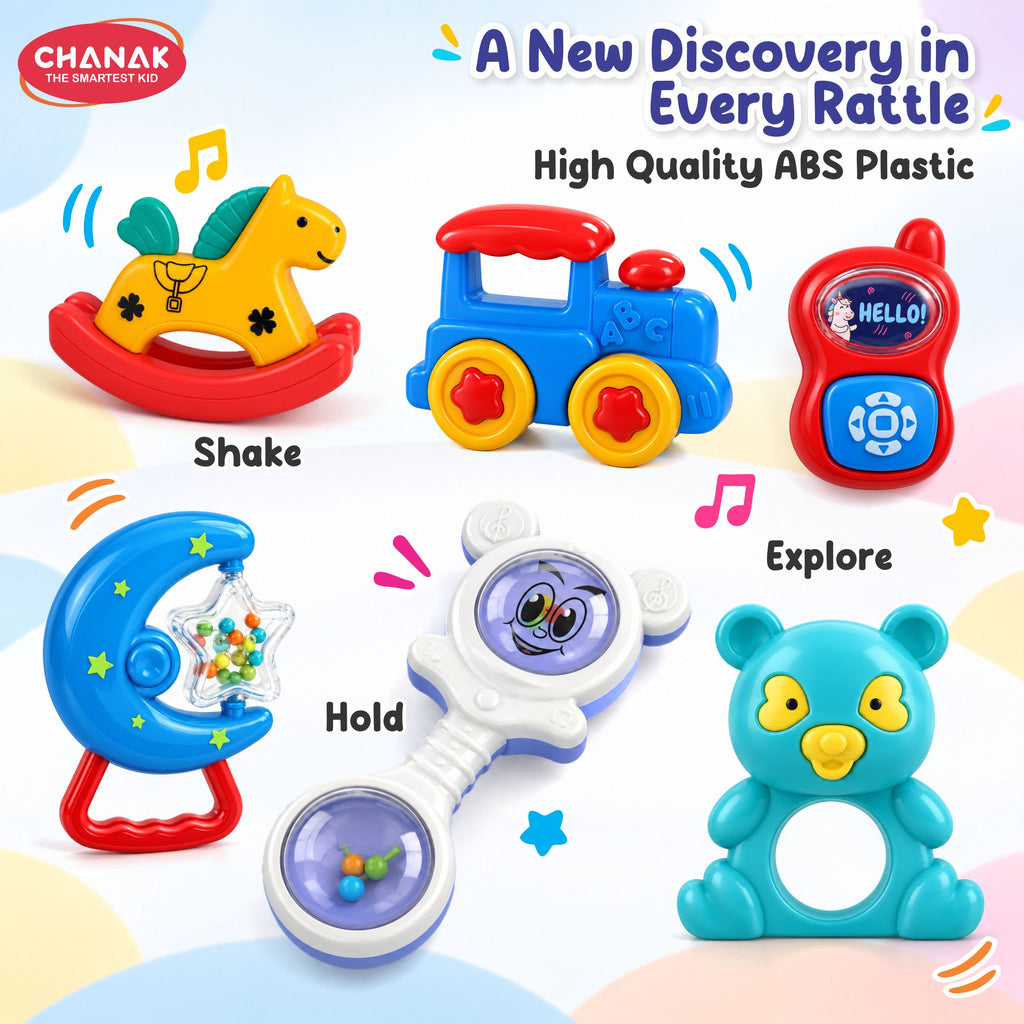 Chanak Baby Rattle Set for 3-12 Months | 6 Pcs Non-Toxic BPA Free Sensory Toy – BIS Approved