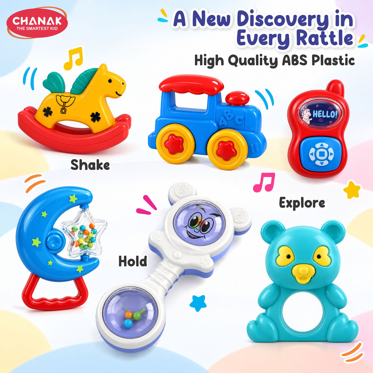 Chanak Baby Rattle Set for 3-12 Months | 6 Pcs Non-Toxic BPA Free Sensory Toy – BIS Approved