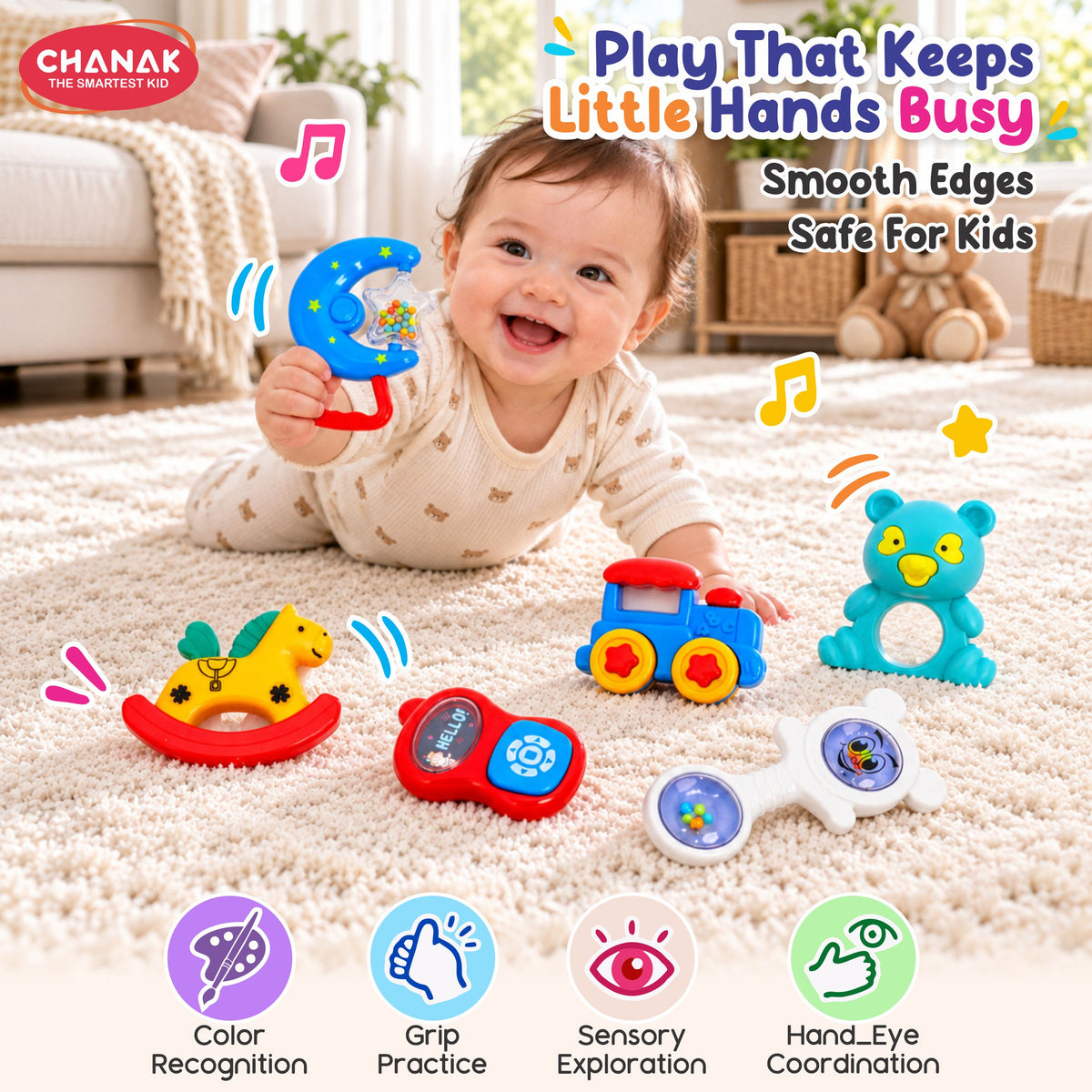 Chanak Baby Rattle Set for 3-12 Months | 6 Pcs Non-Toxic BPA Free Sensory Toy – BIS Approved