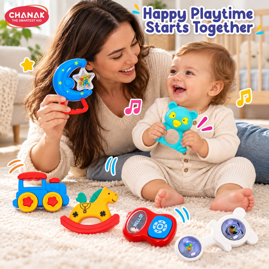 Chanak Baby Rattle Set for 3-12 Months | 6 Pcs Non-Toxic BPA Free Sensory Toy – BIS Approved