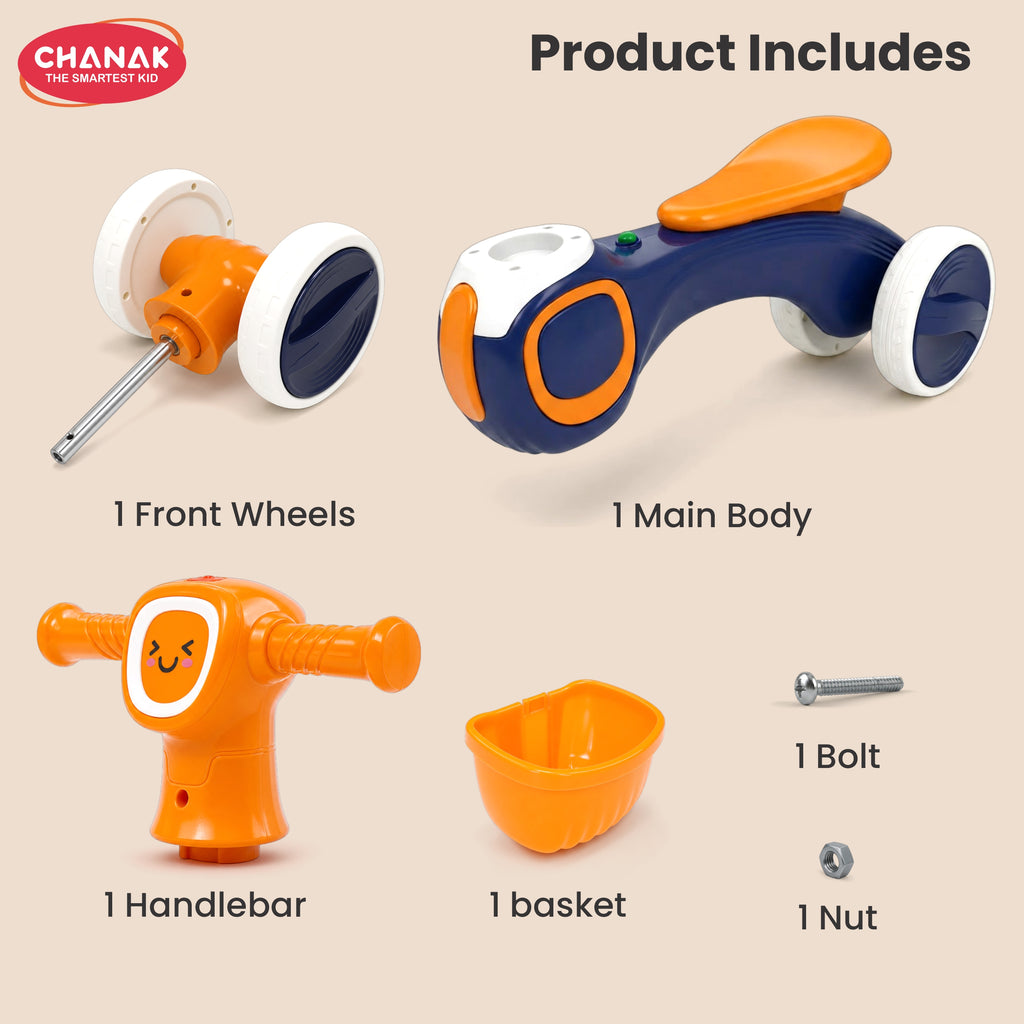 Chanak Push Ride On Bikes for Kids Non-Slip Grip Balance Bike Ride Toy Manual Push Bike with Music & Light, Smooth Wheels, Lightweight Frame, Storage Basket, Toy Vehicle for Boys & Girls (Orange)