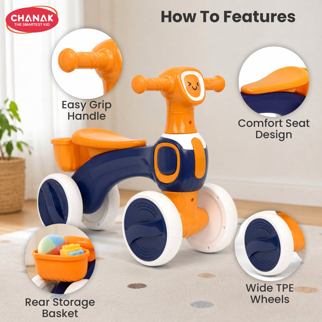 Chanak Push Ride On Bikes for Kids Non-Slip Grip Balance Bike Ride Toy Manual Push Bike with Music & Light, Smooth Wheels, Lightweight Frame, Storage Basket, Toy Vehicle for Boys & Girls (Orange)