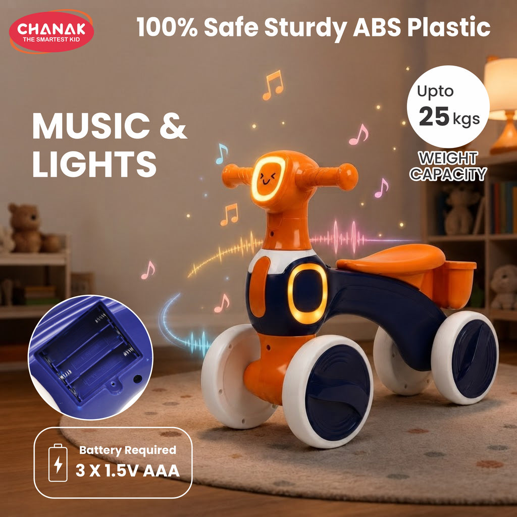 Chanak Push Ride On Bikes for Kids Non-Slip Grip Balance Bike Ride Toy Manual Push Bike with Music & Light, Smooth Wheels, Lightweight Frame, Storage Basket, Toy Vehicle for Boys & Girls (Orange)