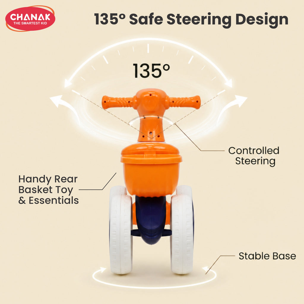 Chanak Push Ride On Bikes for Kids Non-Slip Grip Balance Bike Ride Toy Manual Push Bike with Music & Light, Smooth Wheels, Lightweight Frame, Storage Basket, Toy Vehicle for Boys & Girls (Orange)