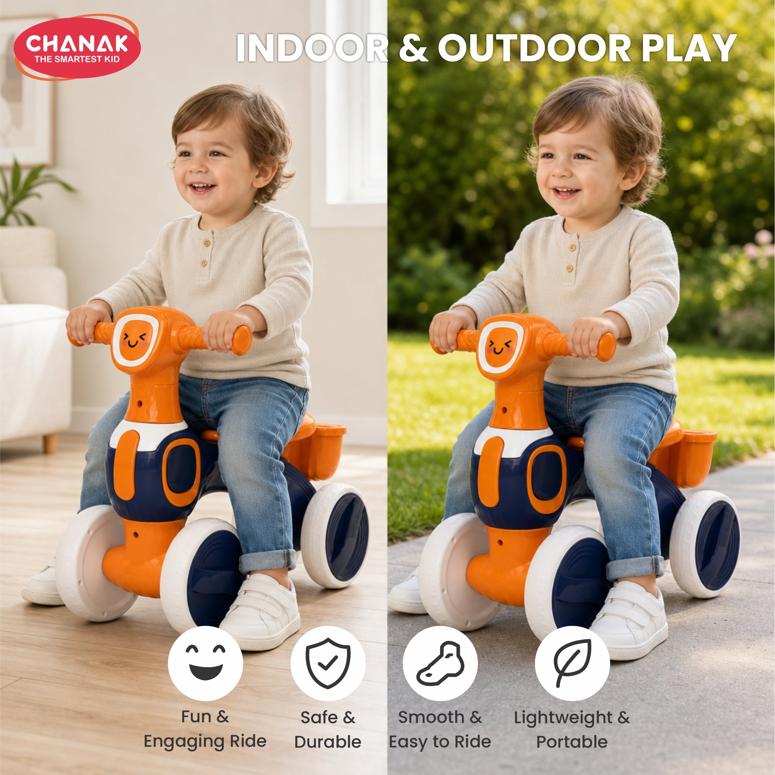 Chanak Push Ride On Bikes for Kids Non-Slip Grip Balance Bike Ride Toy Manual Push Bike with Music & Light, Smooth Wheels, Lightweight Frame, Storage Basket, Toy Vehicle for Boys & Girls (Orange)