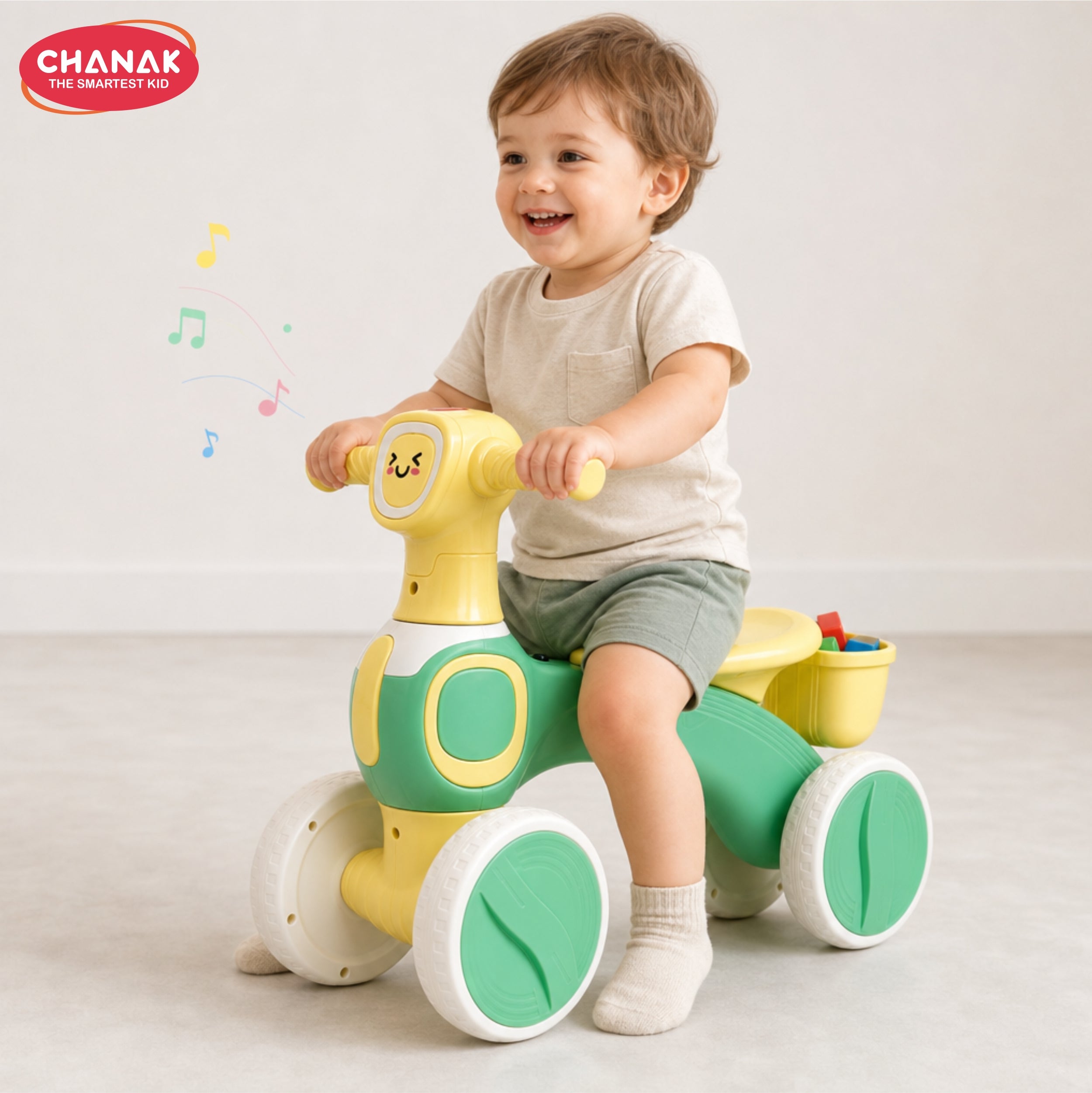 Chanak Push Ride On Bikes for Kids Non-Slip Grip Balance Bike Ride Toy Manual Push Bike with Music & Light, Smooth Wheels, Lightweight Frame, Storage Basket, Toy Vehicle for Boys & Girls