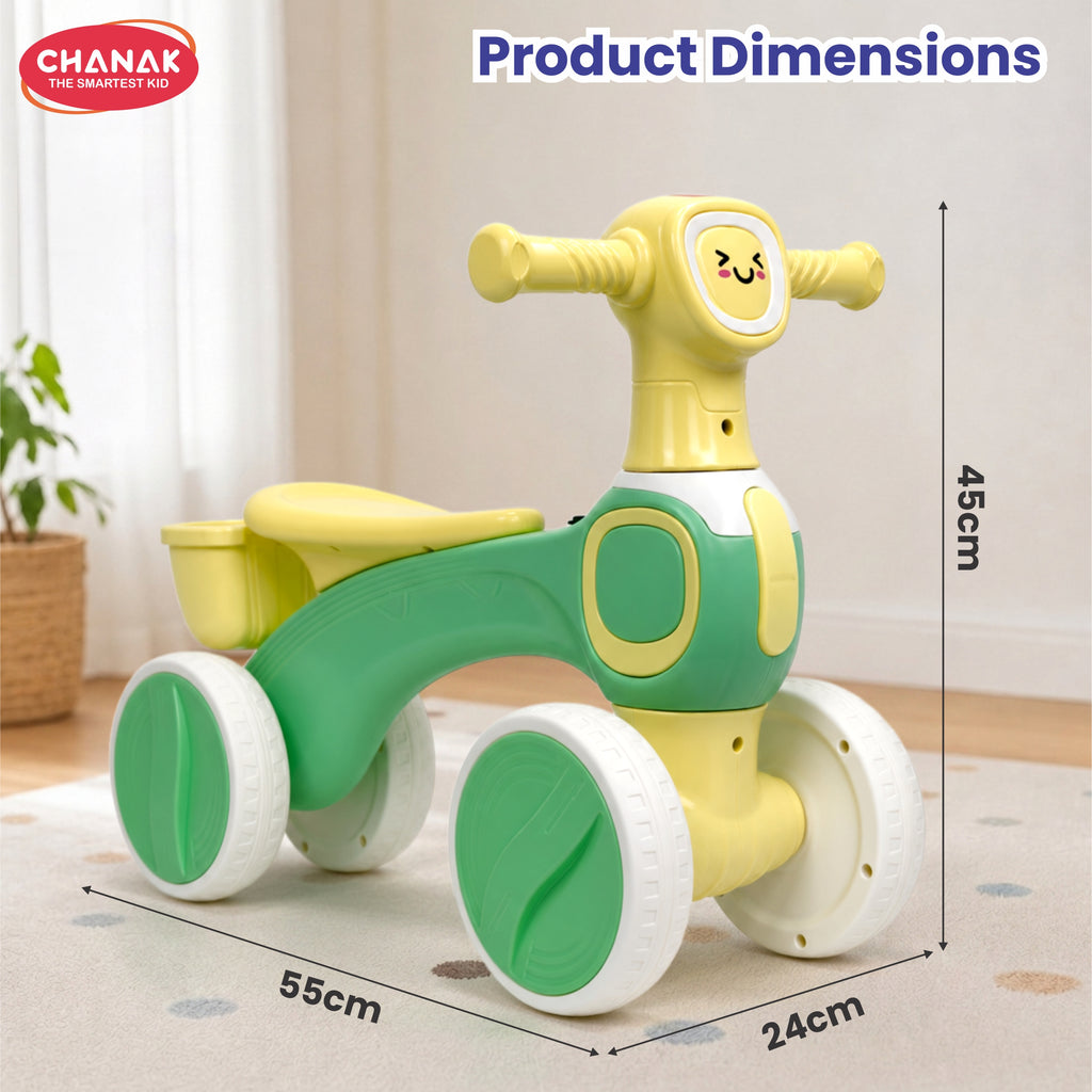 Chanak Push Ride On Bikes for Kids Non-Slip Grip Balance Bike Ride Toy Manual Push Bike with Music & Light, Smooth Wheels, Lightweight Frame, Storage Basket, Toy Vehicle for Boys & Girls