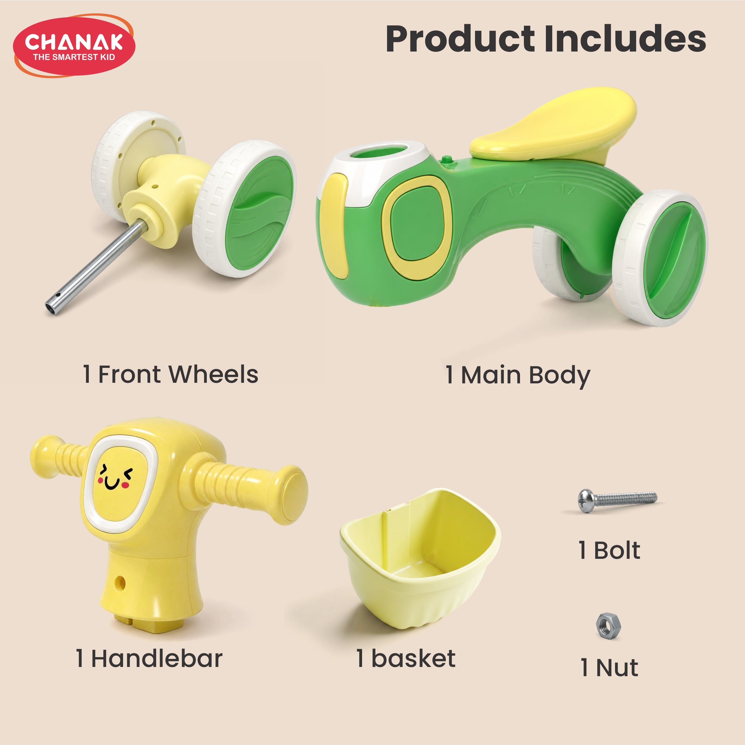 Chanak Push Ride On Bikes for Kids Non-Slip Grip Balance Bike Ride Toy Manual Push Bike with Music & Light, Smooth Wheels, Lightweight Frame, Storage Basket, Toy Vehicle for Boys & Girls