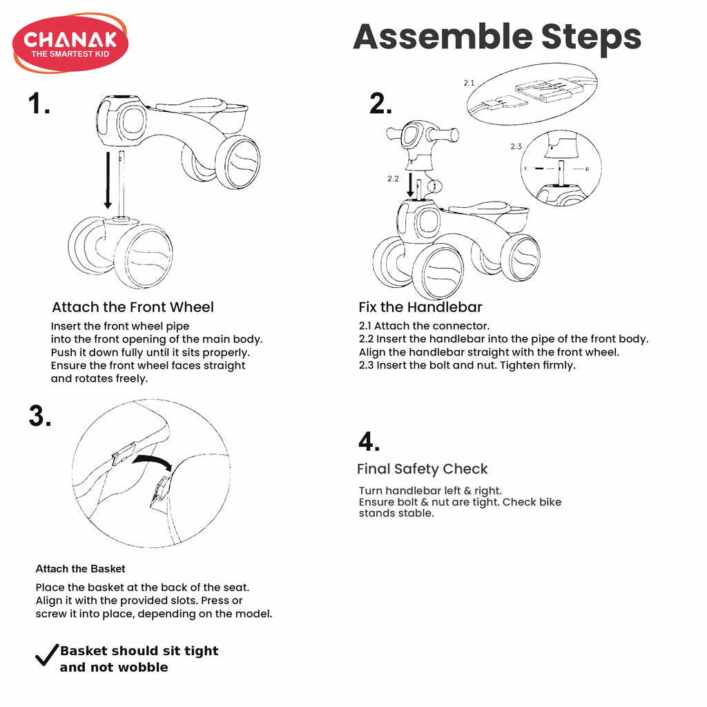 Chanak Push Ride On Bikes for Kids Non-Slip Grip Balance Bike Ride Toy Manual Push Bike with Music & Light, Smooth Wheels, Lightweight Frame, Storage Basket, Toy Vehicle for Boys & Girls