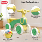 Chanak Push Ride On Bikes for Kids Non-Slip Grip Balance Bike Ride Toy Manual Push Bike with Music & Light, Smooth Wheels, Lightweight Frame, Storage Basket, Toy Vehicle for Boys & Girls