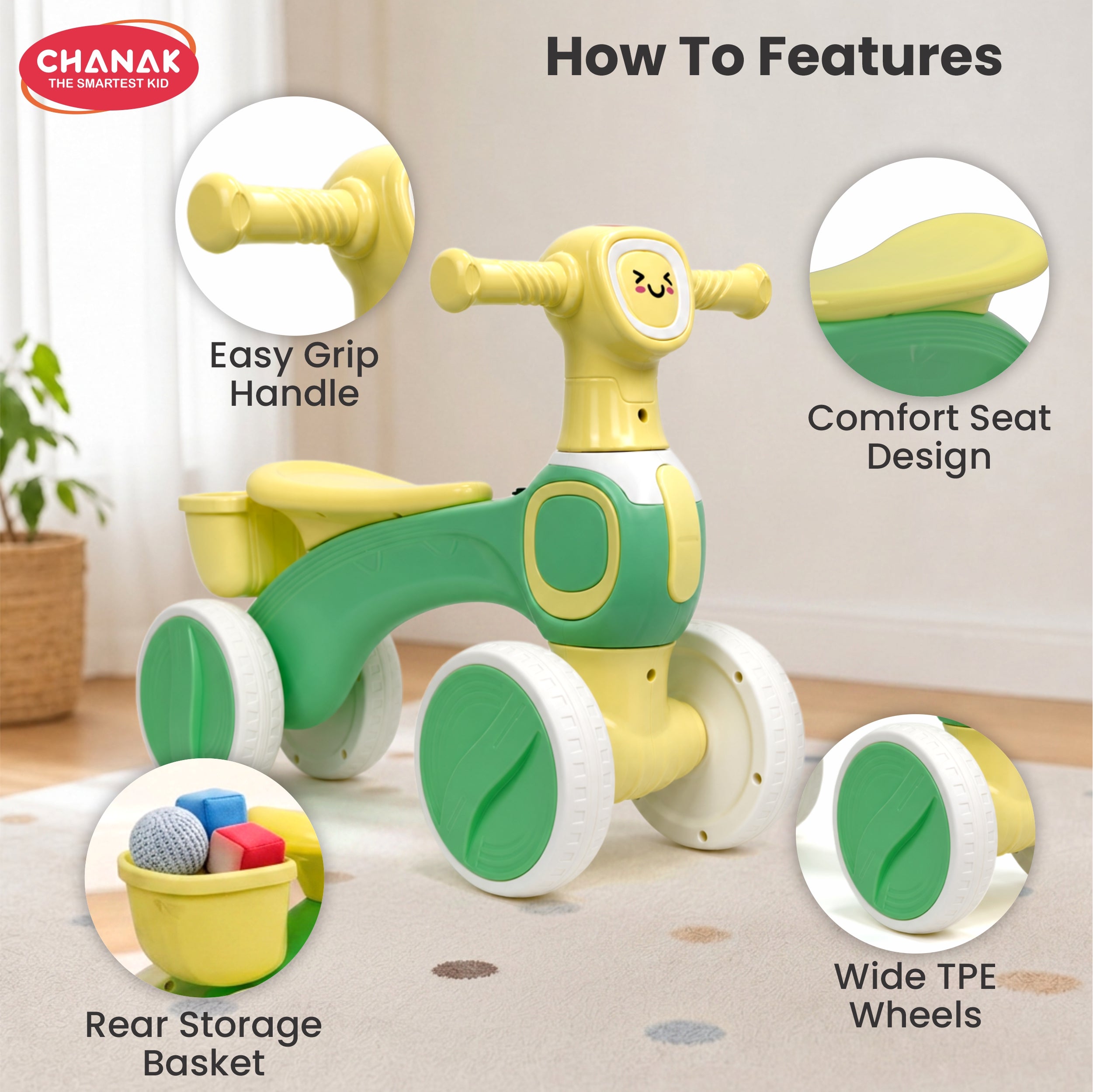 Chanak Push Ride On Bikes for Kids Non-Slip Grip Balance Bike Ride Toy Manual Push Bike with Music & Light, Smooth Wheels, Lightweight Frame, Storage Basket, Toy Vehicle for Boys & Girls