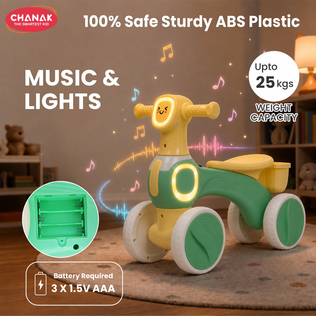 Chanak Push Ride On Bikes for Kids Non-Slip Grip Balance Bike Ride Toy Manual Push Bike with Music & Light, Smooth Wheels, Lightweight Frame, Storage Basket, Toy Vehicle for Boys & Girls
