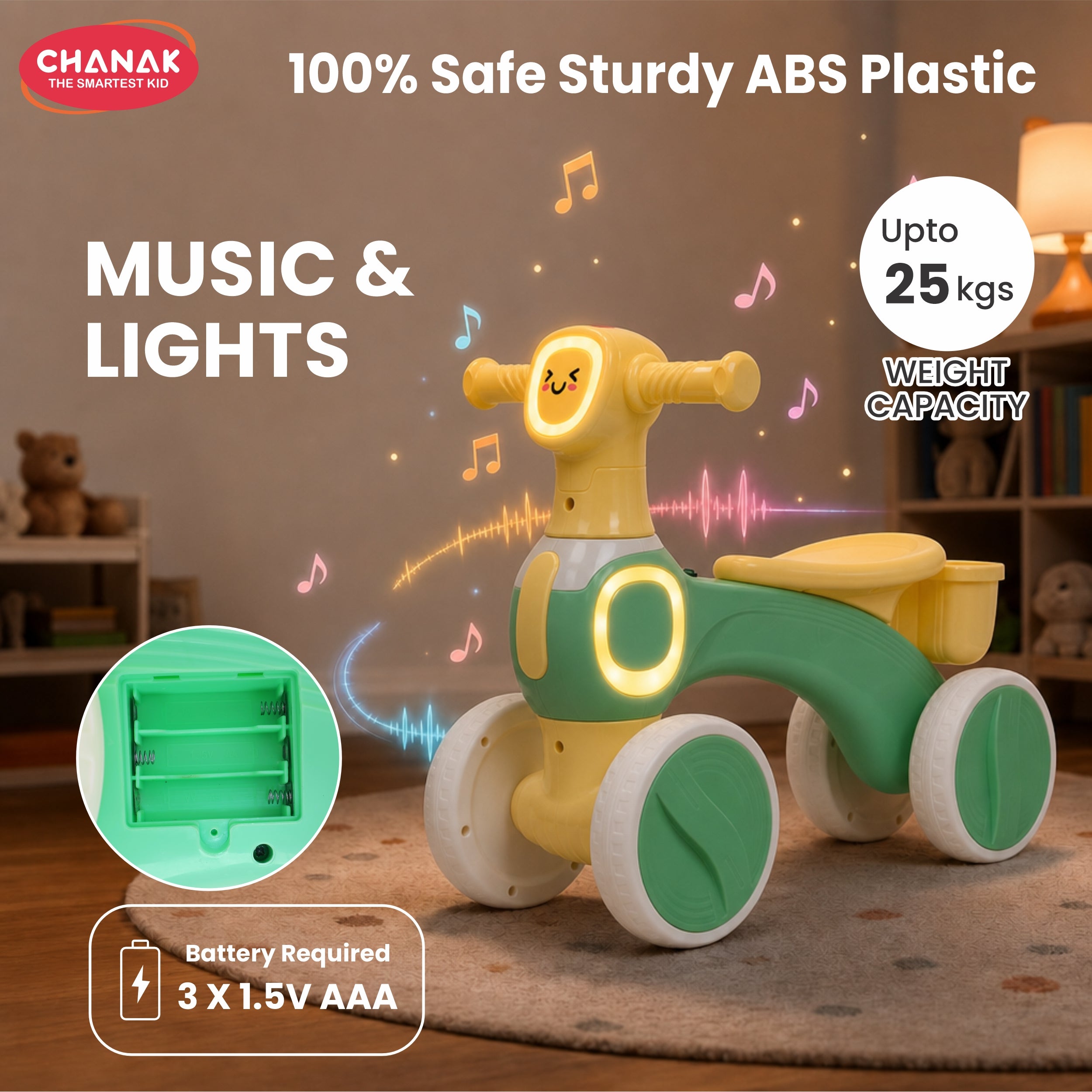 Chanak Push Ride On Bikes for Kids Non-Slip Grip Balance Bike Ride Toy Manual Push Bike with Music & Light, Smooth Wheels, Lightweight Frame, Storage Basket, Toy Vehicle for Boys & Girls