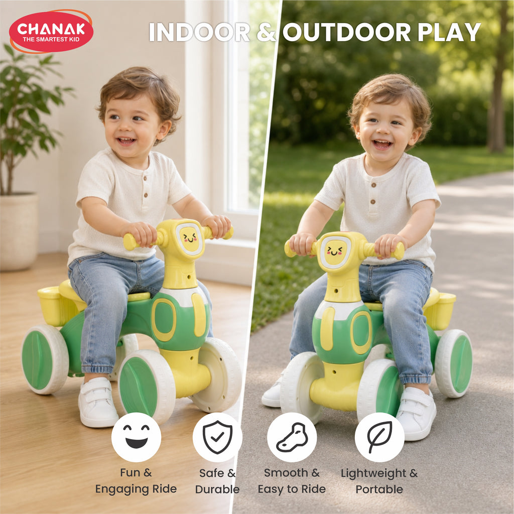 Chanak Push Ride On Bikes for Kids Non-Slip Grip Balance Bike Ride Toy Manual Push Bike with Music & Light, Smooth Wheels, Lightweight Frame, Storage Basket, Toy Vehicle for Boys & Girls