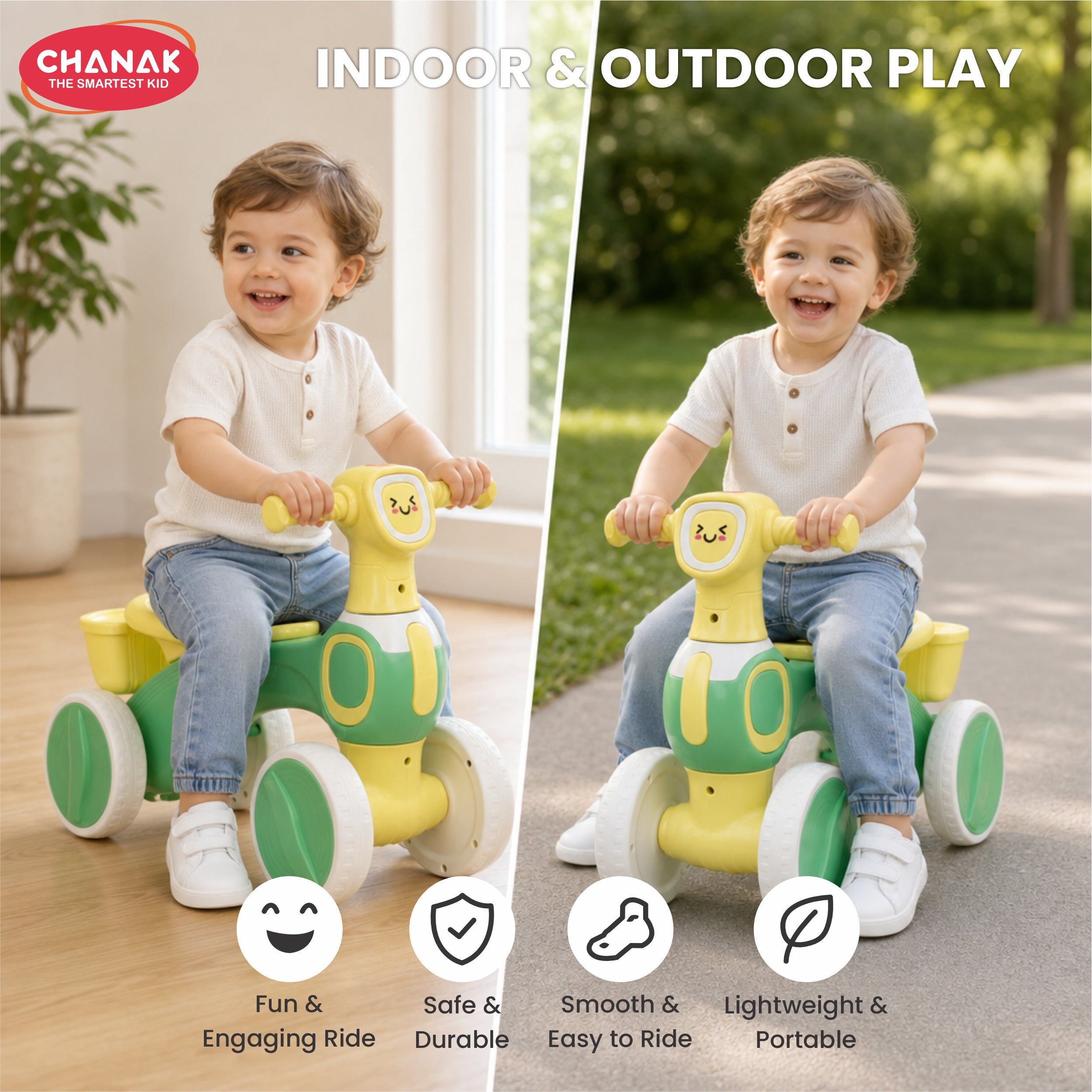 Chanak Push Ride On Bikes for Kids Non-Slip Grip Balance Bike Ride Toy Manual Push Bike with Music & Light, Smooth Wheels, Lightweight Frame, Storage Basket, Toy Vehicle for Boys & Girls