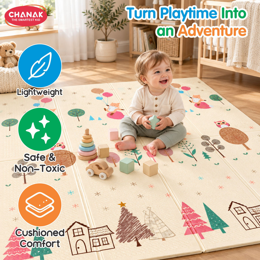 Chanak Baby Mats for Floor, Foldable Baby Mats, 6.46 X 4.92 Ft Reversible Crawling Play Mat with Soft Cushioned Anti-Slip Surface, Waterproof & Easy to Clean Portable Kids Floor Mat with Carry Bag