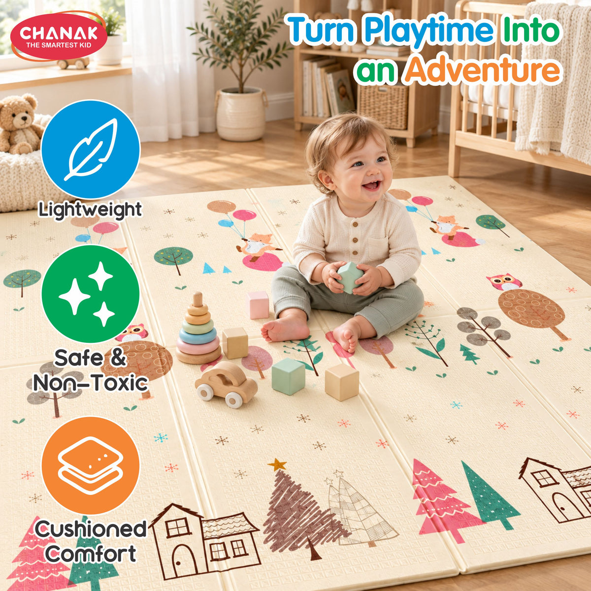 Chanak Baby Mats for Floor, Foldable Baby Mats, 6.46 X 4.92 Ft Reversible Crawling Play Mat with Soft Cushioned Anti-Slip Surface, Waterproof & Easy to Clean Portable Kids Floor Mat with Carry Bag