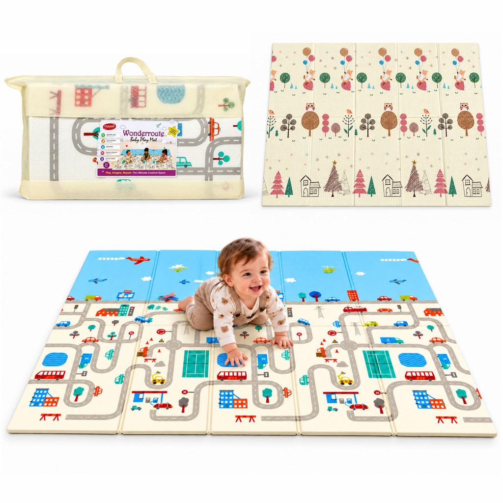 Chanak Baby Mats for Floor, Foldable Baby Mats, 6.46 X 4.92 Ft Reversible Crawling Play Mat with Soft Cushioned Anti-Slip Surface, Waterproof & Easy to Clean Portable Kids Floor Mat with Carry Bag
