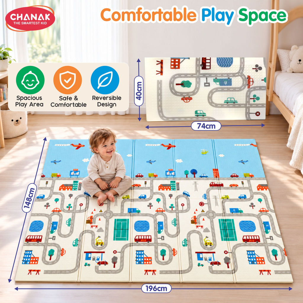 Chanak Baby Mats for Floor, Foldable Baby Mats, 6.46 X 4.92 Ft Reversible Crawling Play Mat with Soft Cushioned Anti-Slip Surface, Waterproof & Easy to Clean Portable Kids Floor Mat with Carry Bag
