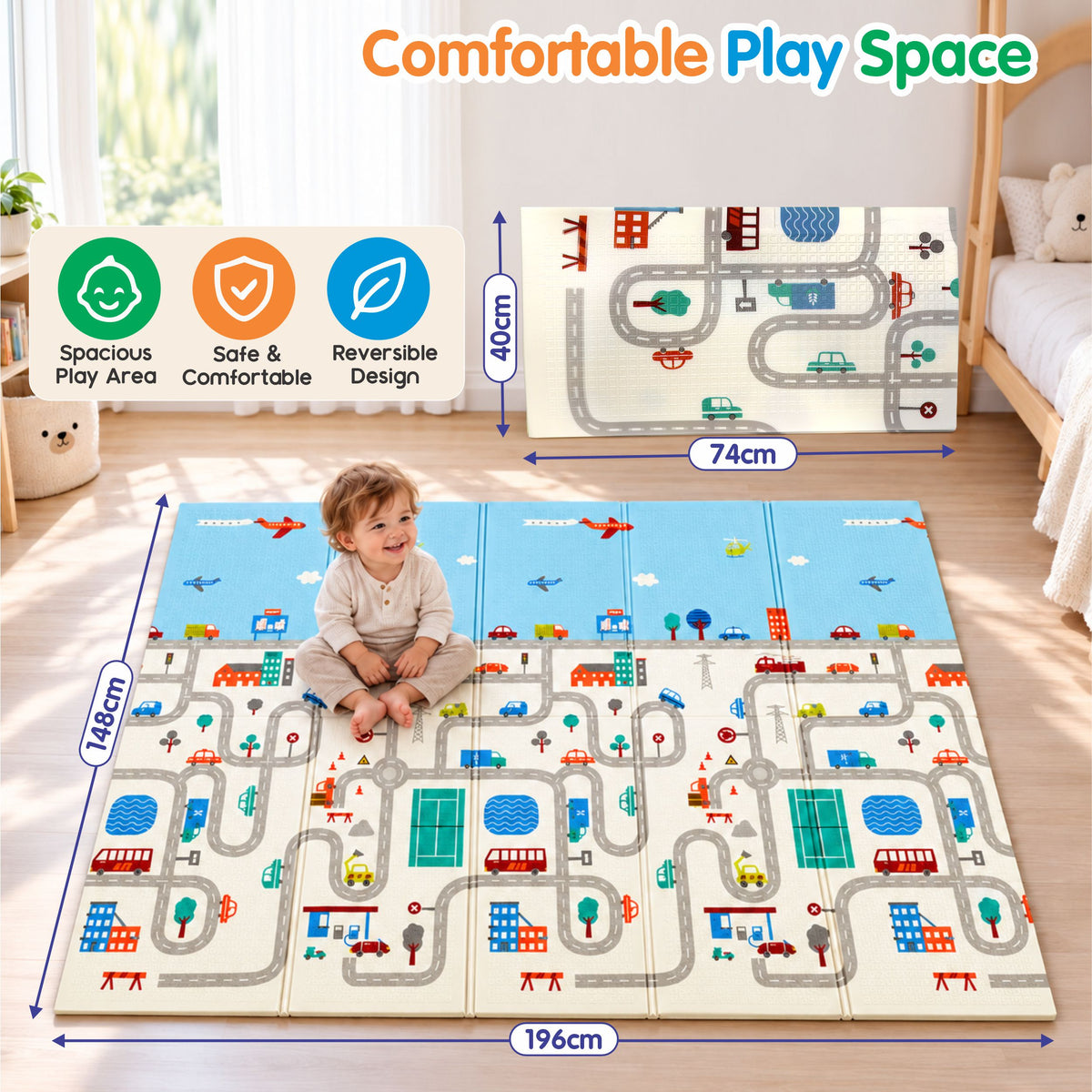 Chanak Baby Play Mat for Floor | Foldable 6.46x4.92 Ft Reversible Crawling Mat, Waterproof & Anti-Slip with Carry Bag – BIS Approved