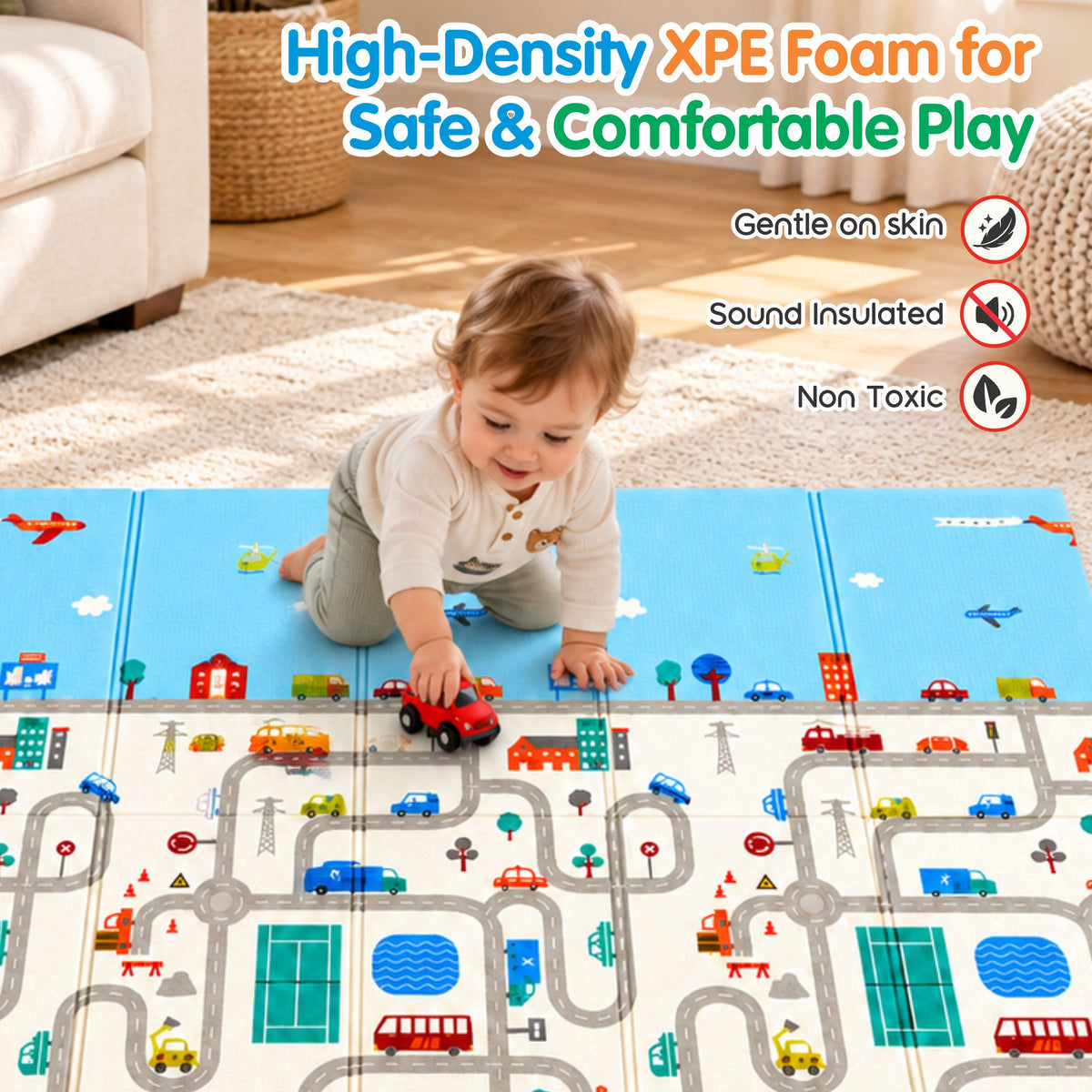 Chanak Baby Play Mat for Floor | Foldable 6.46x4.92 Ft Reversible Crawling Mat, Waterproof & Anti-Slip with Carry Bag – BIS Approved
