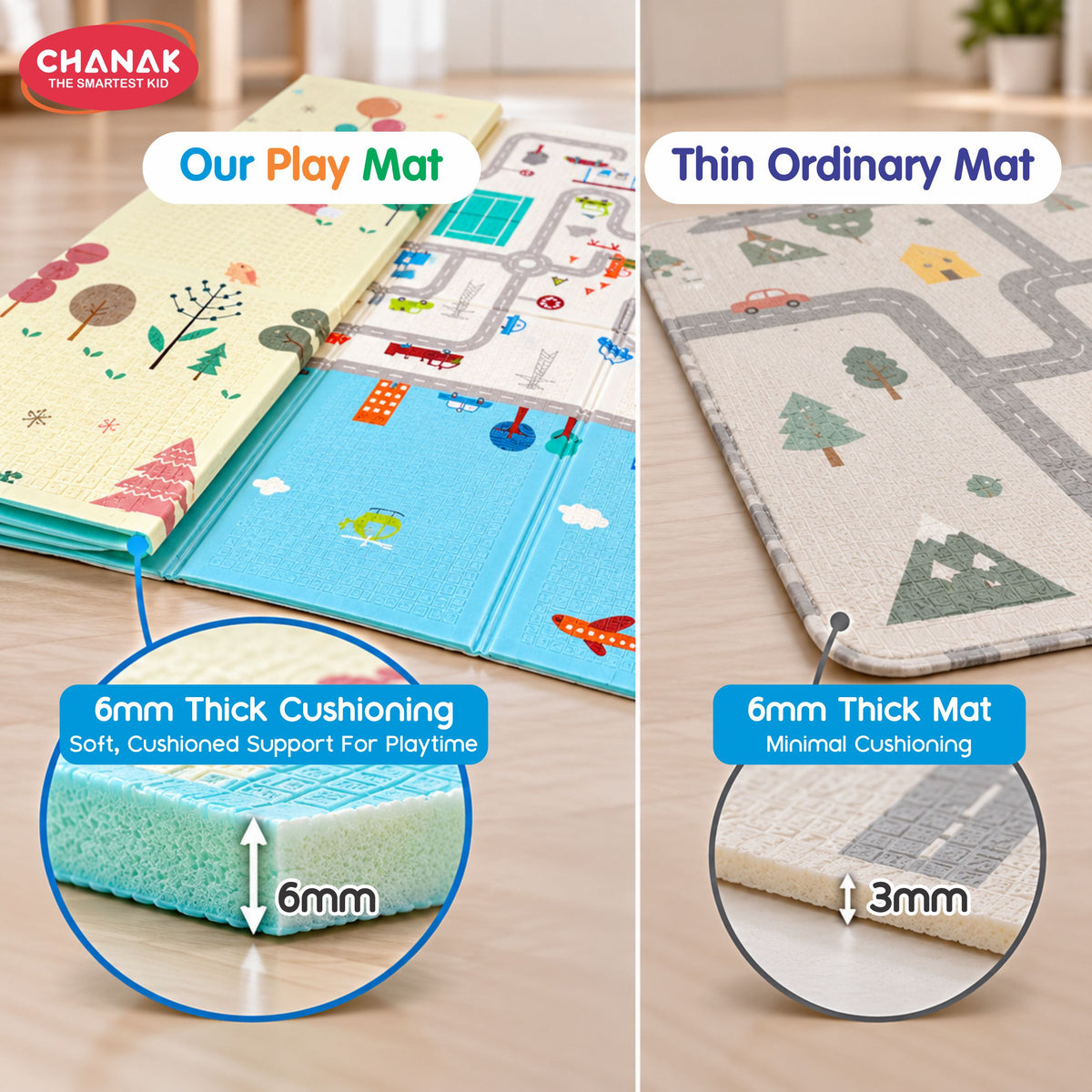Chanak Baby Mats for Floor, Foldable Baby Mats, 6.46 X 4.92 Ft Reversible Crawling Play Mat with Soft Cushioned Anti-Slip Surface, Waterproof & Easy to Clean Portable Kids Floor Mat with Carry Bag