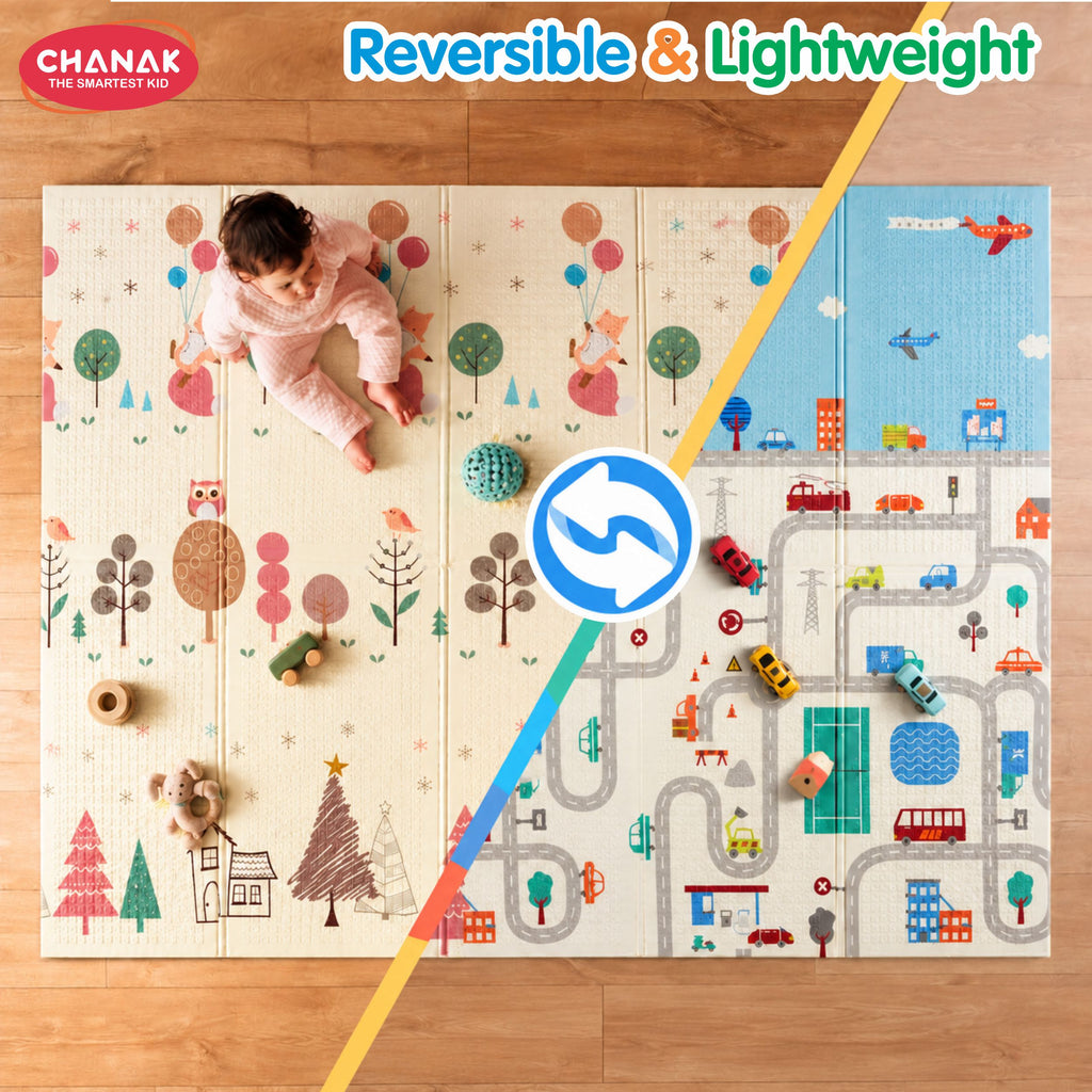 Chanak Baby Mats for Floor, Foldable Baby Mats, 6.46 X 4.92 Ft Reversible Crawling Play Mat with Soft Cushioned Anti-Slip Surface, Waterproof & Easy to Clean Portable Kids Floor Mat with Carry Bag