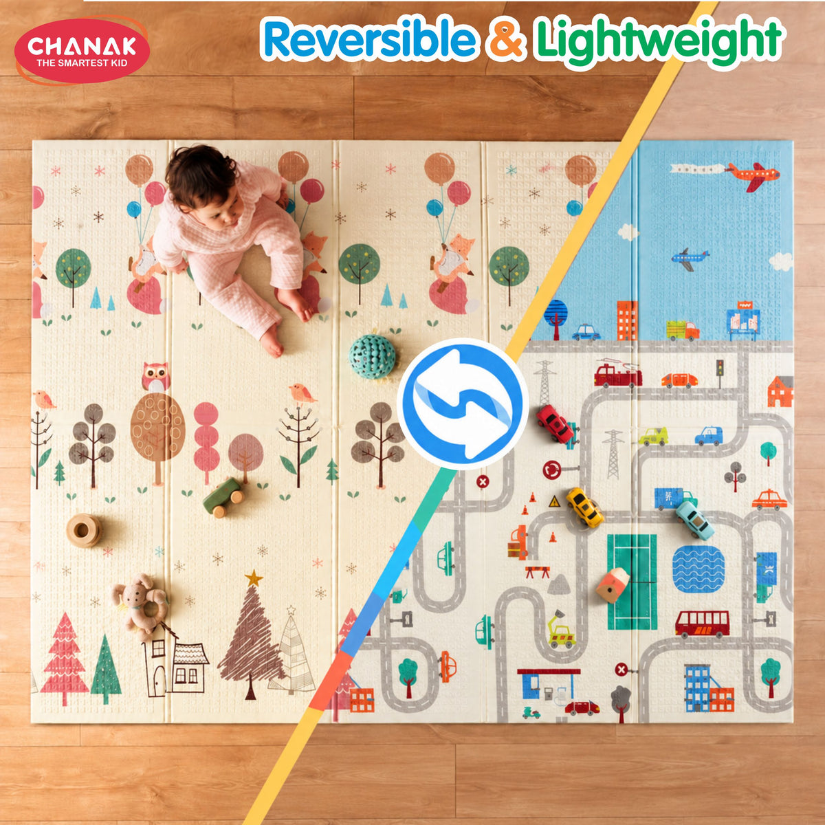 Chanak Baby Mats for Floor, Foldable Baby Mats, 6.46 X 4.92 Ft Reversible Crawling Play Mat with Soft Cushioned Anti-Slip Surface, Waterproof & Easy to Clean Portable Kids Floor Mat with Carry Bag