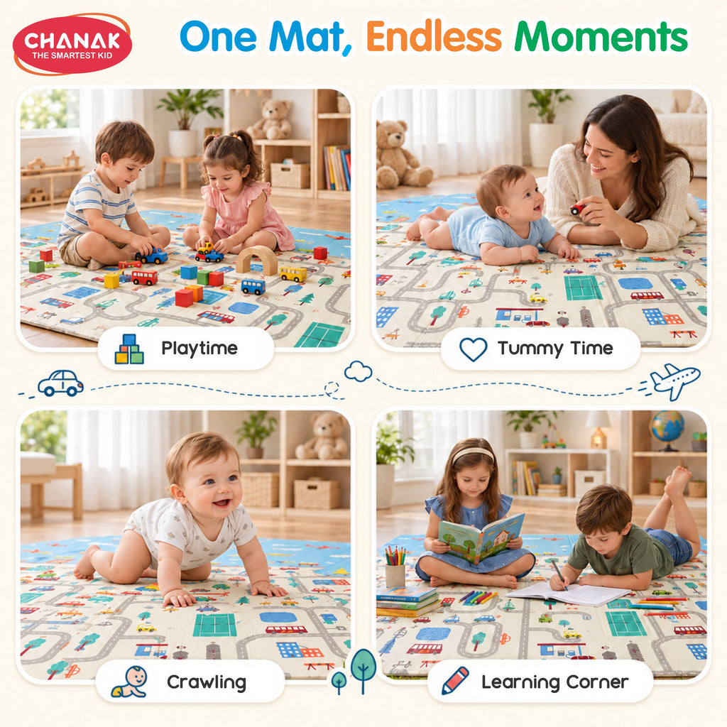 Chanak Baby Mats for Floor, Foldable Baby Mats, 6.46 X 4.92 Ft Reversible Crawling Play Mat with Soft Cushioned Anti-Slip Surface, Waterproof & Easy to Clean Portable Kids Floor Mat with Carry Bag