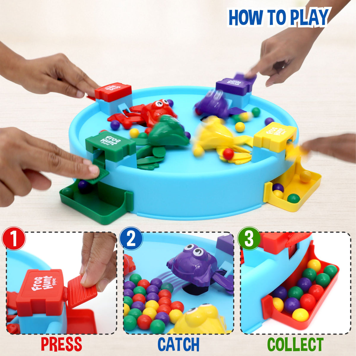 Chanak Hungry Frog Game for Kids 4+ Years | Press & Catch Frog Eating Beans Game with 32 Balls – BIS Approved (Blue)