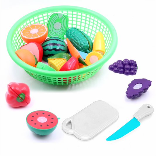 Chanak's Fruits and Vegetables Set in One Basket with Chopper Board & Knife for Kids, Fruit & Vegetable Combo (Green Basket) - chanak