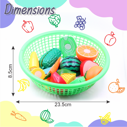 Chanak's Fruits and Vegetables Set in One Basket with Chopper Board & Knife for Kids, Fruit & Vegetable Combo (Green Basket) - chanak