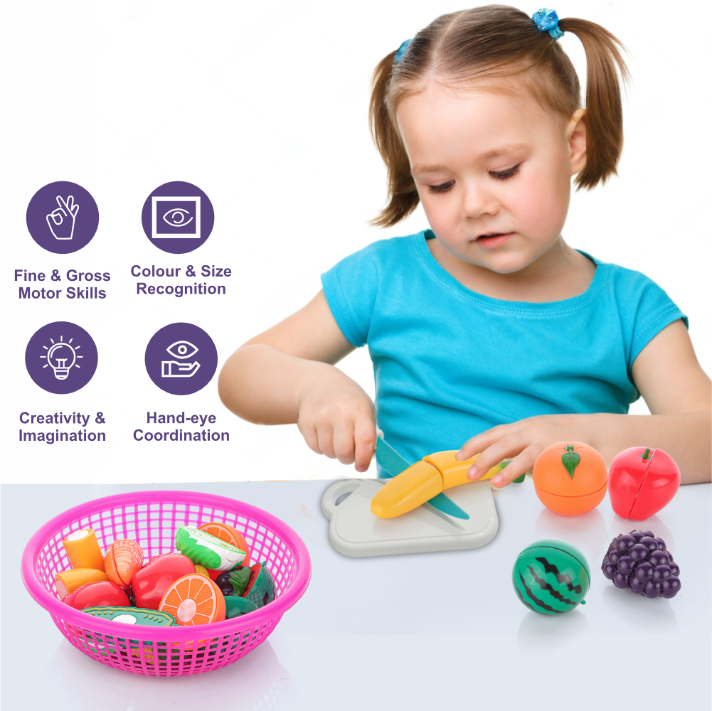 Chanak's Fruits and Vegetables Set in One Basket with Chopper Board & Knife for Kids, Fruit & Vegetable Combo (Pink Basket) Aditi Toys Pvt. Ltd.