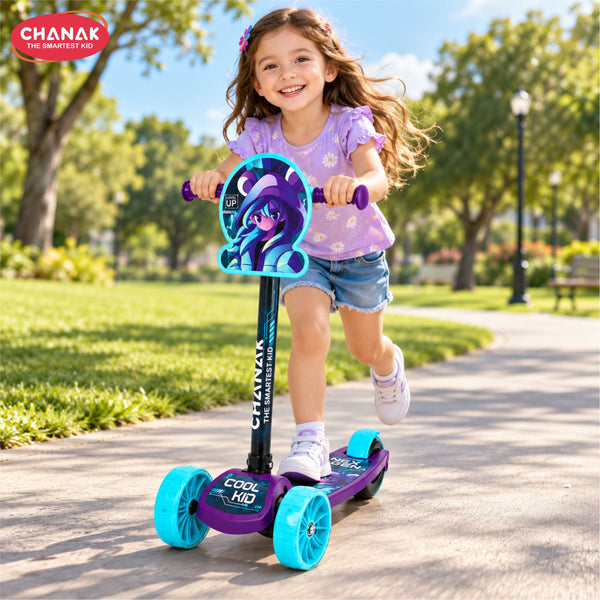 Chanak 3 Wheel Kick Scooter for Kids, Adjustable Handlebar Kids Scooter with LED Wheels & Rear Brake, Ergonomic Grips with Foldable Design, Up to 50 kg, Skating Cycle for Boys & Girls 3Y+, Blue