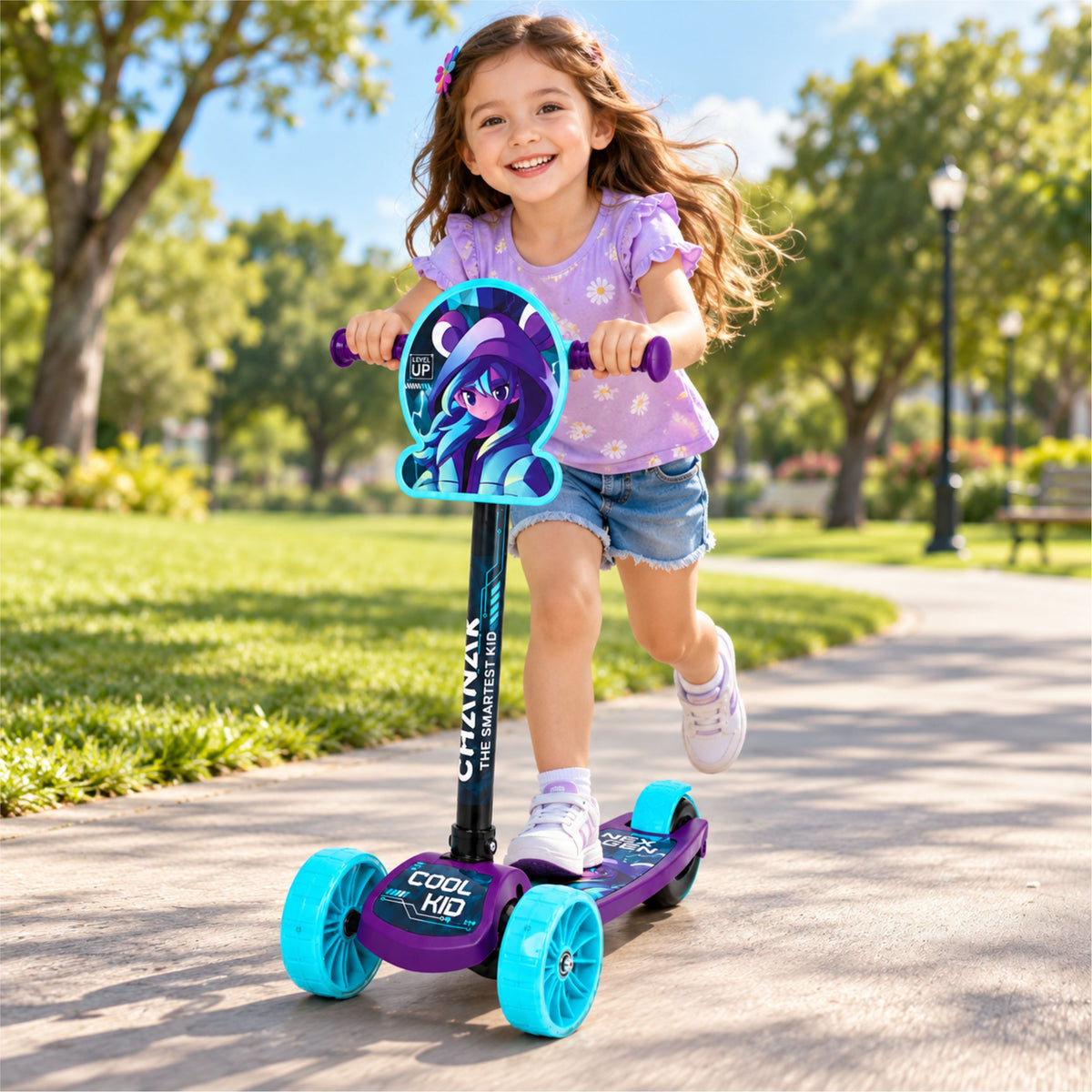 Chanak 3-Wheel Kick Scooter for Kids 3+ Years | LED Wheels, Foldable, Adjustable Handlebar & Rear Brake – BIS Approved (Blue)