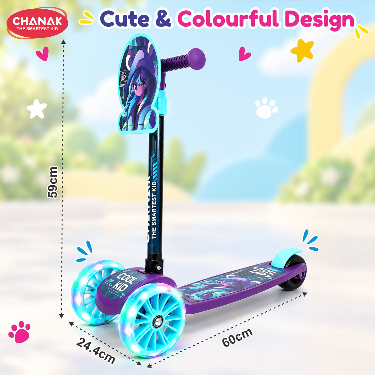Chanak 3 Wheel Kick Scooter for Kids, Adjustable Handlebar Kids Scooter with LED Wheels & Rear Brake, Ergonomic Grips with Foldable Design, Up to 50 kg, Skating Cycle for Boys & Girls 3Y+, Blue
