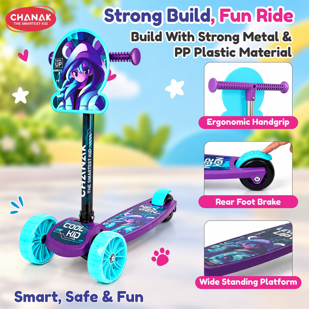 Chanak 3 Wheel Kick Scooter for Kids, Adjustable Handlebar Kids Scooter with LED Wheels & Rear Brake, Ergonomic Grips with Foldable Design, Up to 50 kg, Skating Cycle for Boys & Girls 3Y+, Blue