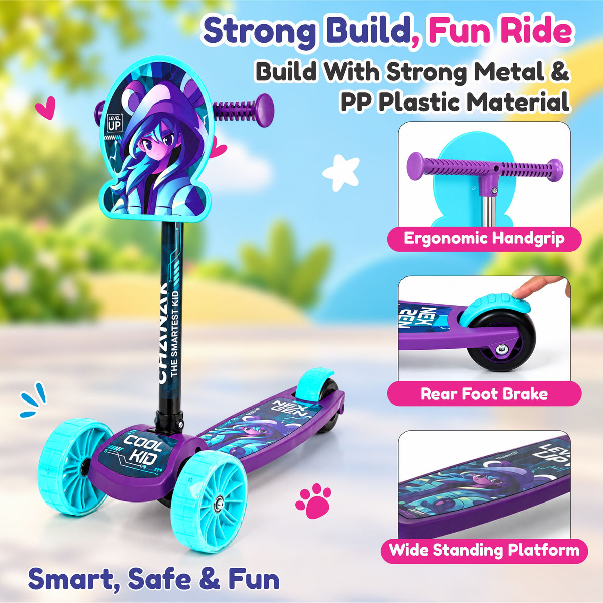 Chanak 3-Wheel Kick Scooter for Kids 3+ Years | LED Wheels, Foldable, Adjustable Handlebar & Rear Brake – BIS Approved (Blue)
